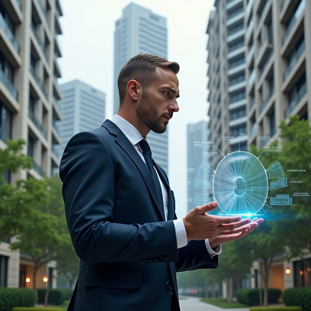 Ultra-realistic property manager in a tailored navy suit, set in a modern luxury condominium environment with high-rise buildings and lush green landscaping, analyzing a holographic fractional pie chart and floating floor plan projections that illustrate ideal fraction calculations, thoughtful and confident expression, cinematic lighting, shallow depth of field, highly detailed textures, realistic skin, photographic realism, 8k resolution --ar 1:1 --v 6