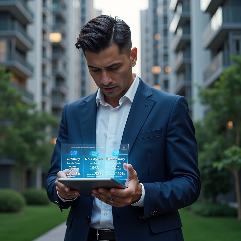 Ultra-realistic condominium manager in a navy blue suit, set in a modern luxury condominium environment with high-rise buildings and lush green landscaping, analyzing a digital tablet displaying separate colored expense charts and glowing holographic icons for ordinary and extraordinary expenses, confident and focused expression, cinematic lighting, shallow depth of field, highly detailed textures, realistic skin, photographic realism, 8k resolution --ar 1:1 --v 6