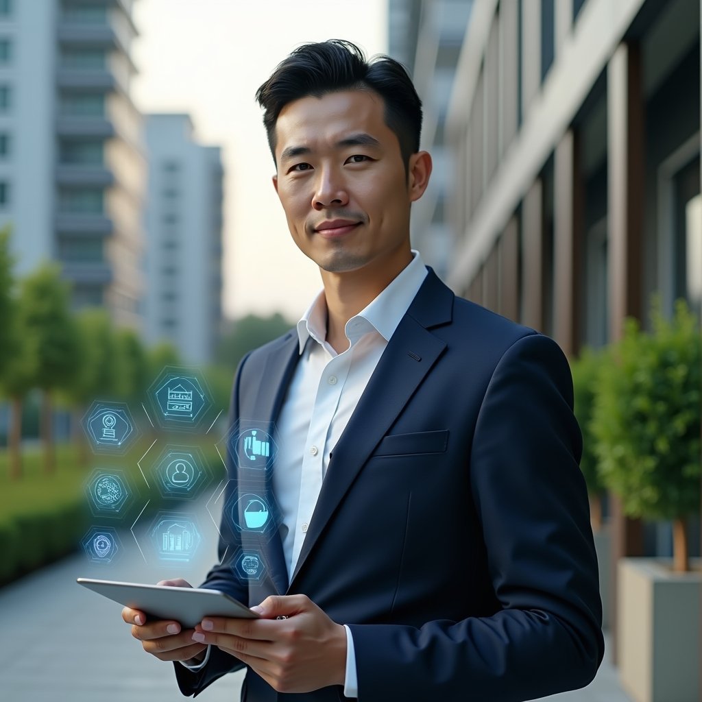 (Ultra-realistic condominium manager in a tailored navy suit, set in a modern luxury condominium environment with high-rise buildings and lush green landscaping, holding a digital tablet displaying holographic maintenance and security icons, confident and focused expression, cinematic lighting, shallow depth of field, highly detailed textures, realistic skin, photographic realism, 8k resolution --ar 1:1 --v 6)