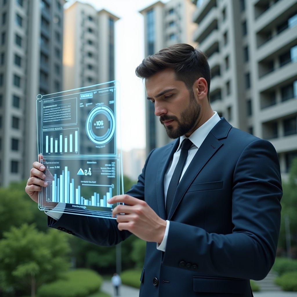 Ultra-realistic property manager in a navy executive suit, set in a modern luxury condominium environment with high-rise buildings and lush green landscaping, analyzing a holographic financial dashboard displaying pie charts and budget forecasts, confident and focused expression, cinematic lighting, shallow depth of field, highly detailed textures, realistic skin, photographic realism, 8k resolution --ar 1:1 --v 6
