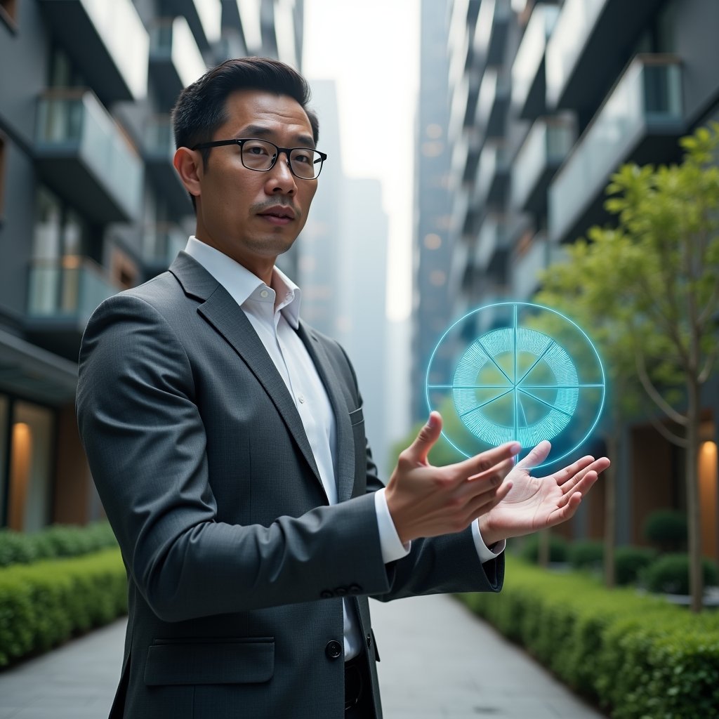Ultra-realistic condo manager in a charcoal gray suit, set in a modern luxury condominium environment with high-rise buildings and manicured green landscaping, analyzing a floating holographic pie chart that highlights ordinary and extraordinary expense segments, confident expression, cinematic lighting, shallow depth of field, highly detailed textures, realistic skin, photographic realism, 8k resolution --ar 1:1 --v 6