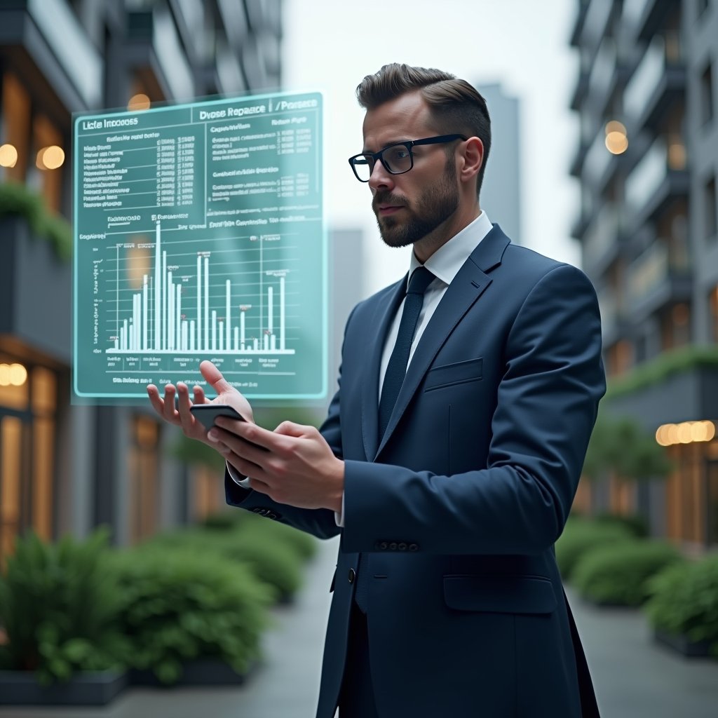 (Ultra-realistic condominium manager in a navy blue tailored suit, set in a modern luxury condominium environment with high-rise buildings and lush green landscaping, standing in a mid-shot pose while reviewing a floating holographic budget chart with highlighted emergency expense icons, cinematic lighting, shallow depth of field, highly detailed textures, realistic skin, photographic realism, 8k resolution --ar 1:1 --v 6)