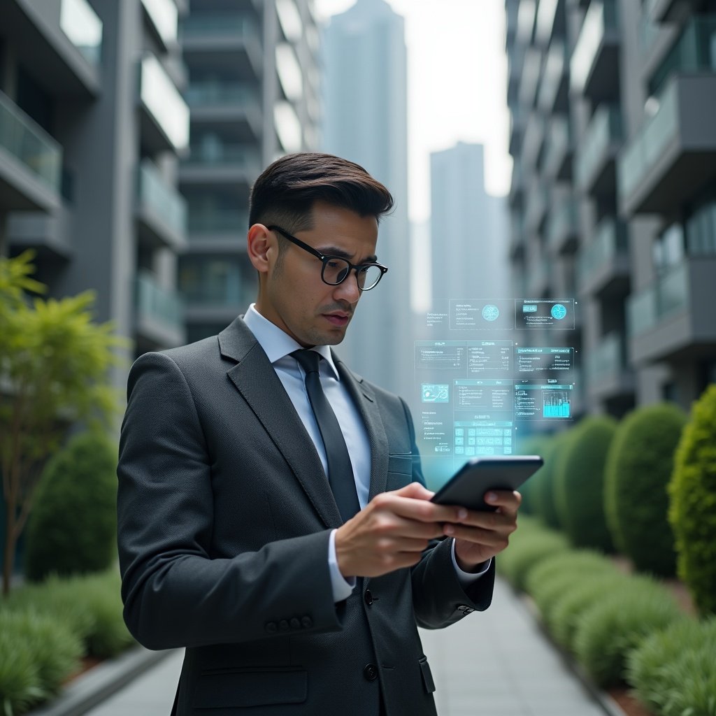 (Ultra-realistic condominium manager in a charcoal gray executive suit, set in a modern luxury condominium environment with high-rise buildings and manicured green landscaping, examining a holographic digital calendar with floating task icons and checkmarks, confident and focused expression, cinematic lighting, shallow depth of field, highly detailed textures, realistic skin, photographic realism, 8k resolution --ar 1:1 --v 6)