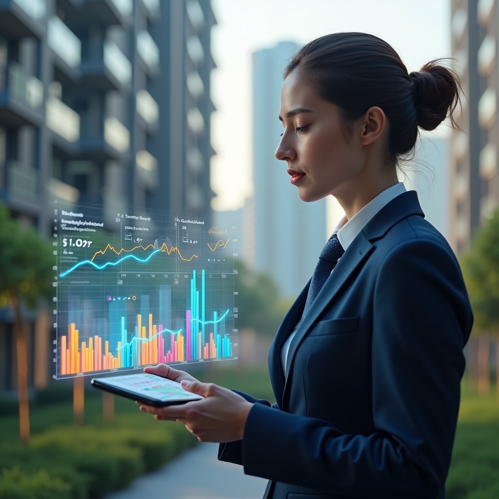 (Ultra-realistic condominium manager in a tailored navy blue suit, set in a modern luxury condominium environment with high-rise buildings and manicured greenery, mid-shot close-up of a confident professional analyzing floating holographic financial charts and colorful 3D bar graphs representing key metrics, cinematic lighting, shallow depth of field, highly detailed textures, realistic skin, photographic realism, 8k resolution --ar 1:1 --v 6)