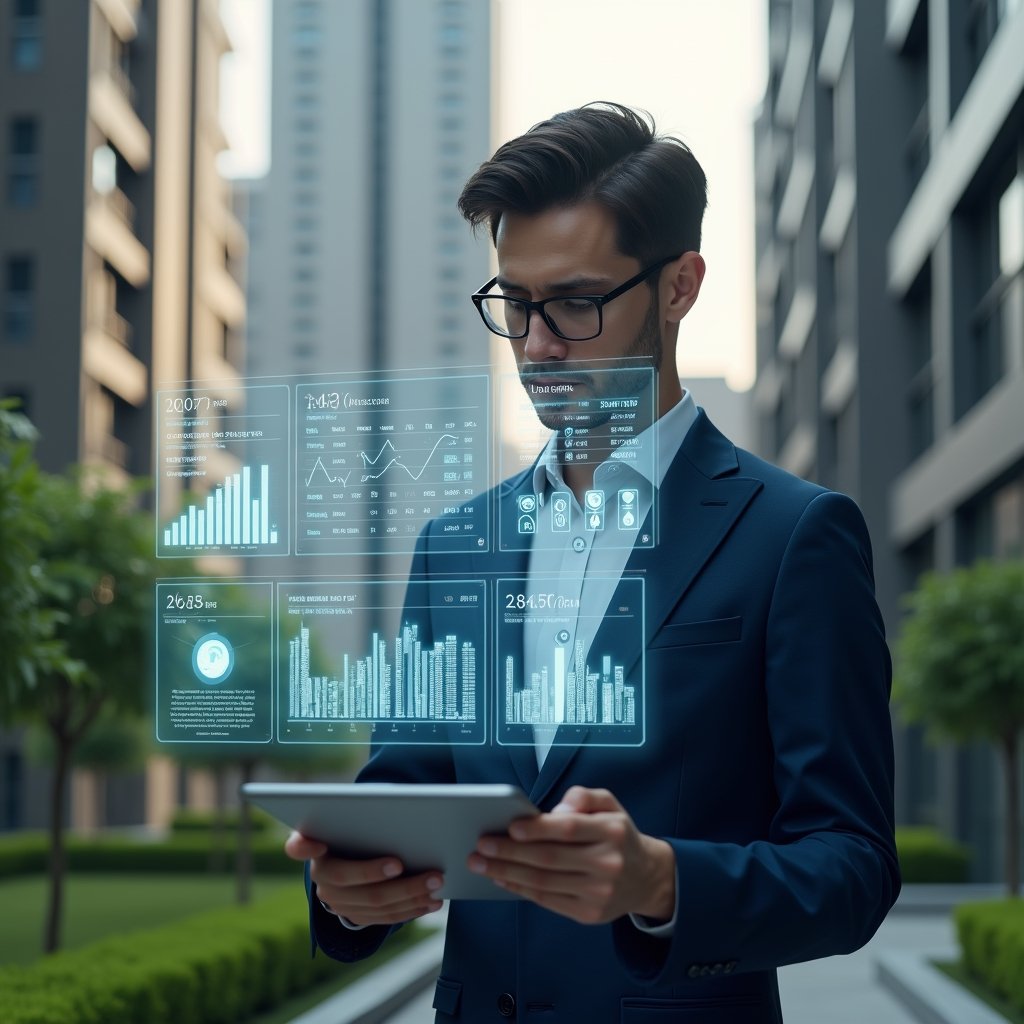 (Ultra-realistic condominium manager in a navy blue tailored suit, set in a modern luxury condominium environment with high-rise buildings and manicured green landscaping, analyzing a holographic financial dashboard displaying expense charts and categorized reports, holding a digital tablet with floating icons of coins and graphs, confident and focused expression, cinematic lighting, shallow depth of field, highly detailed textures, realistic skin, photographic realism, 8k resolution --ar 1:1 --v 6)