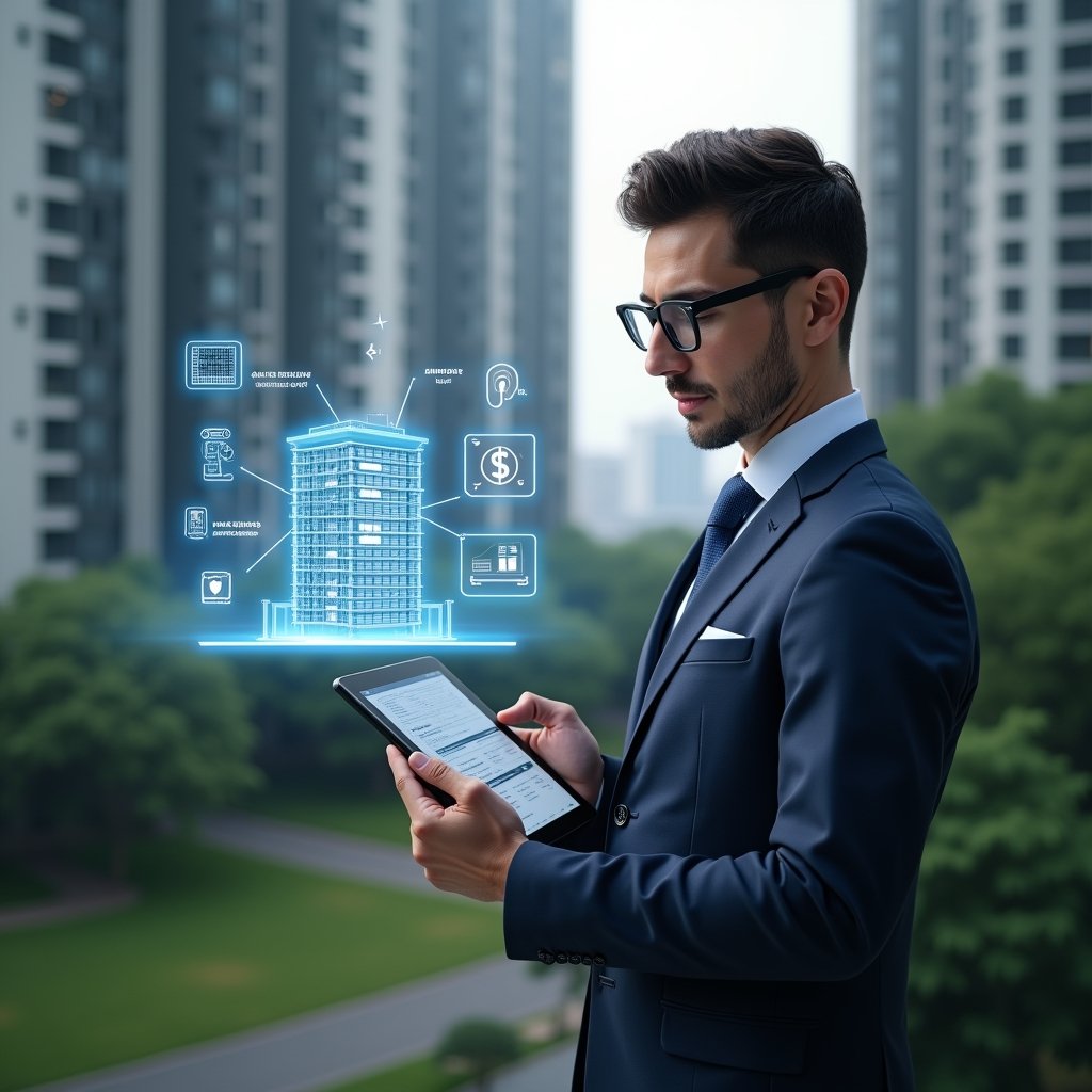 Ultra-realistic condominium manager in a dark blue executive suit, set in a modern luxury condominium environment with high-rise buildings and green landscaping, confidently reviewing a digital tablet displaying maintenance schedules and financial charts, with a holographic building icon and checklist floating beside them, cinematic lighting, shallow depth of field, highly detailed textures, realistic skin, photographic realism, 8k resolution --ar 1:1 --v 6