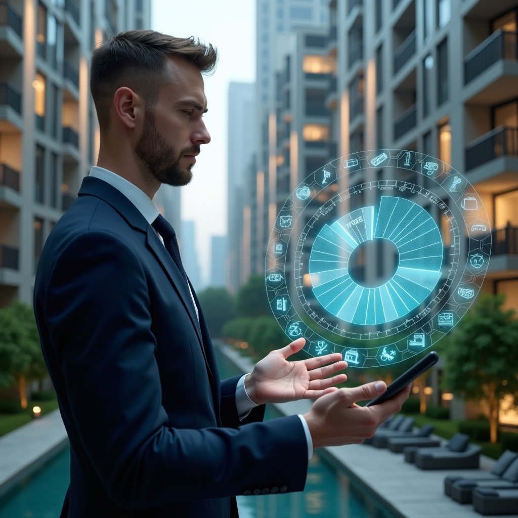 (Ultra-realistic condominium manager in a tailored navy suit, set in a modern luxury condominium environment with high-rise buildings and manicured green landscaping, examining a semi-transparent holographic pie chart labeled “fraction ideal” and condo budget breakdown, holographic financial icons floating around, thoughtful confident expression, cinematic lighting, shallow depth of field, highly detailed textures, realistic skin, photographic realism, 8k resolution --ar 1:1 --v 6)