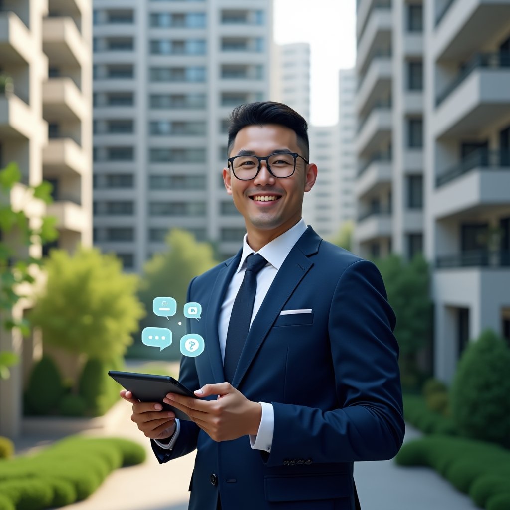 Ultra-realistic condominium manager in a navy blue suit, set in a modern luxury condominium environment with high-rise buildings and lush green landscaping, holding a digital tablet displaying floating chat bubbles and notification icons, confident and engaged in improving resident communication, cinematic lighting, shallow depth of field, highly detailed textures, realistic skin, photographic realism, 8k resolution --ar 1:1 --v 6
