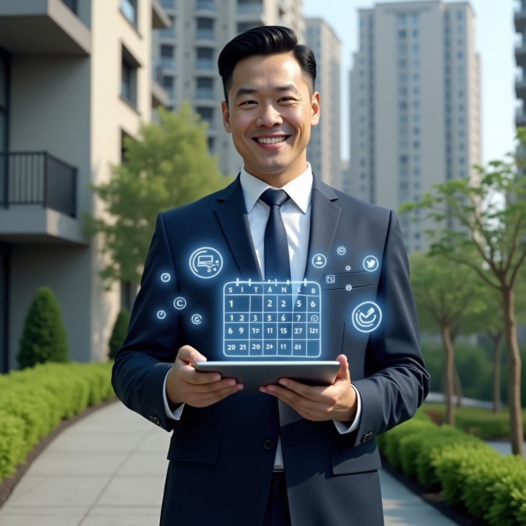 Ultra-realistic condominium manager in a tailored navy suit, set in a modern luxury condominium environment with high-rise buildings and manicured green landscaping, holding a digital tablet displaying a holographic activity schedule, surrounded by floating calendar and checklist icons, confident expression, cinematic lighting, shallow depth of field, highly detailed textures, realistic skin, photographic realism, 8k resolution --ar 1:1 --v 6