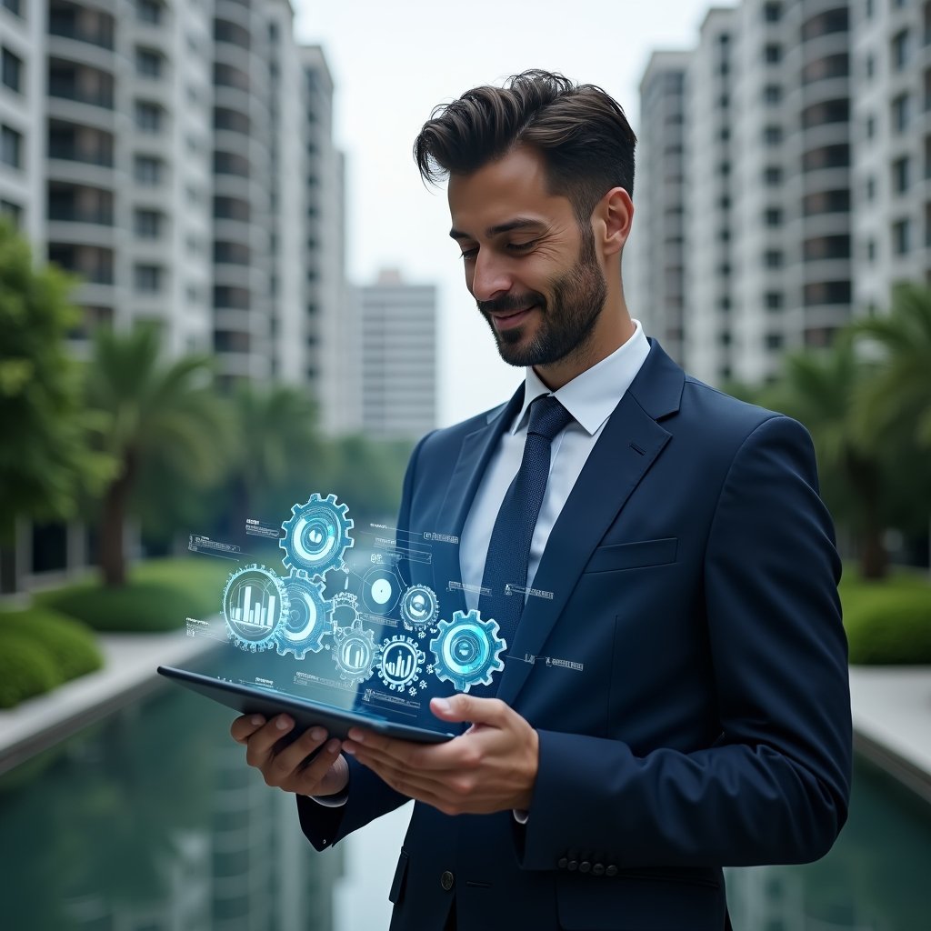 Ultra-realistic condominium manager in a tailored navy suit, set in a modern luxury condominium environment with high-rise buildings and lush green landscaping, holding a tablet projecting holographic charts and gears symbolizing automation, confidently analyzing data with a slight smile, cinematic lighting, shallow depth of field, highly detailed textures, realistic skin, photographic realism, 8k resolution --ar 1:1 --v 6