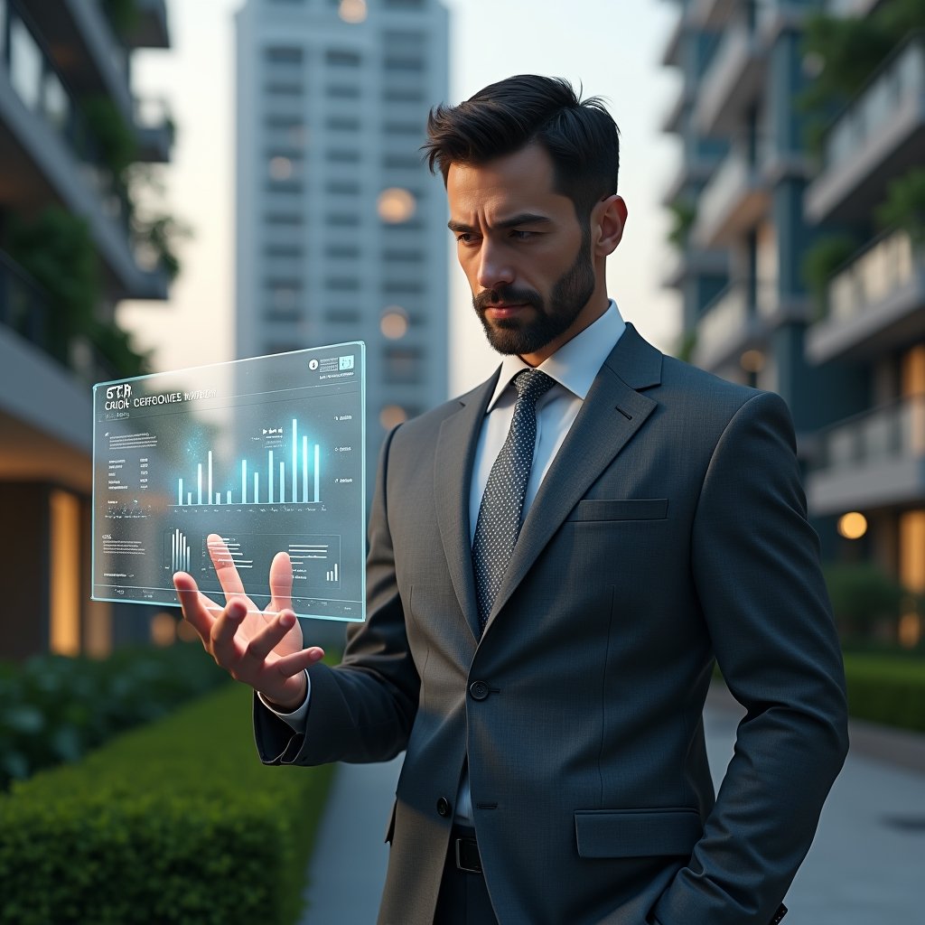 (Ultra-realistic condominium manager in a charcoal gray suit, set in a modern luxury condominium environment with high-rise buildings and manicured green landscaping, holding and interacting with a floating holographic financial dashboard showing real-time expense reports, confident and focused expression, symbolic glowing ledger icons around them, cinematic lighting, shallow depth of field, highly detailed textures, realistic skin, photographic realism, 8k resolution --ar 1:1 --v 6)