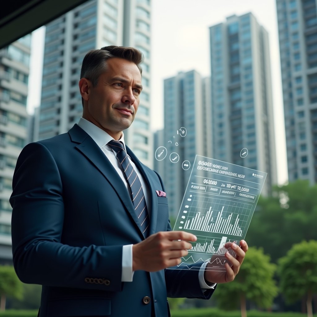 (Ultra-realistic property manager in a navy executive suit, set in a modern luxury condominium environment with high-rise buildings and meticulously landscaped greenery, reviewing a transparent holographic budget chart with unexpected expense alerts, thoughtful and confident expression, symbolic floating icons of coins and graphs around, cinematic lighting, shallow depth of field, highly detailed textures, realistic skin, photographic realism, 8k resolution --ar 1:1 --v 6)