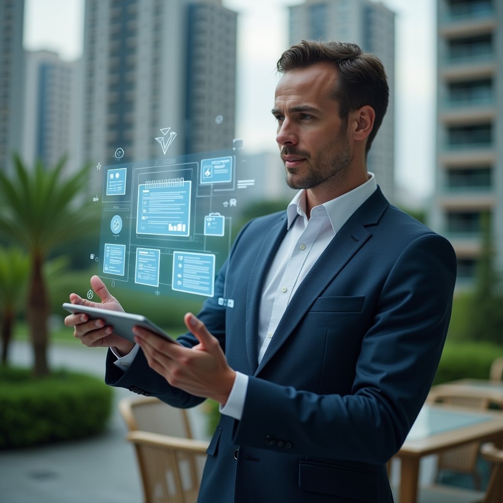 Ultra-realistic condominium manager in a sleek navy suit, set in a modern luxury condominium environment with high-rise buildings and lush green landscaping, medium shot showing the manager holding a digital tablet projecting a holographic schedule and task icons, confident and focused expression, floating calendar, checklist and gear icons around the hologram, cinematic lighting, shallow depth of field, highly detailed textures, realistic skin, photographic realism, 8k resolution --ar 1:1 --v 6