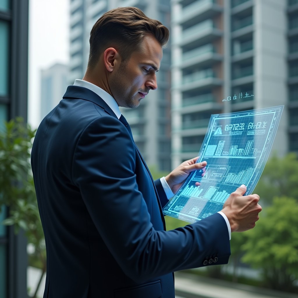 Ultra-realistic condo manager in a dark blue suit, set in a modern luxury condominium environment with high-rise buildings and lush green landscaping, medium shot, analyzing a holographic blueprint of apartment units with floating fractional percentages, holographic rate-sharing chart element, confident and focused expression, cinematic lighting, shallow depth of field, highly detailed textures, realistic skin, photographic realism, 8k resolution --ar 1:1 --v 6