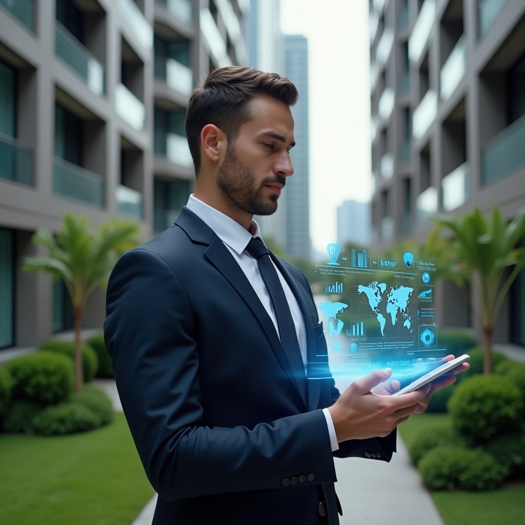 Ultra-realistic condominium manager in a dark navy suit, set in a modern luxury condominium environment with high-rise buildings and manicured green landscaping, holding a transparent tablet displaying floating holographic charts and icons symbolizing automated workflows, confidently reviewing digital dashboards, cinematic lighting, shallow depth of field, highly detailed textures, realistic skin, photographic realism, 8k resolution --ar 1:1 --v 6