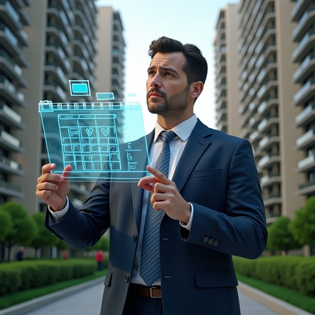 Ultra-realistic condominium manager in a navy executive suit, set in a modern luxury condominium environment with high-rise buildings and manicured green landscaping, analyzing a holographic activity schedule with floating calendar icons and task list symbols, confident and thoughtful expression, cinematic lighting, shallow depth of field, highly detailed textures, realistic skin, photographic realism, 8k resolution --ar 1:1 --v 6