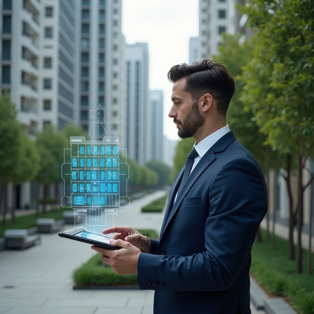 Ultra-realistic property manager in a tailored navy suit, set in a modern luxury condominium environment with high-rise buildings and lush green landscaping, mid-shot of a confident professional examining a floating holographic calendar interface, representing strategic activity scheduling, cinematic lighting, shallow depth of field, highly detailed textures, realistic skin, photographic realism, 8k resolution --ar 1:1 --v 6