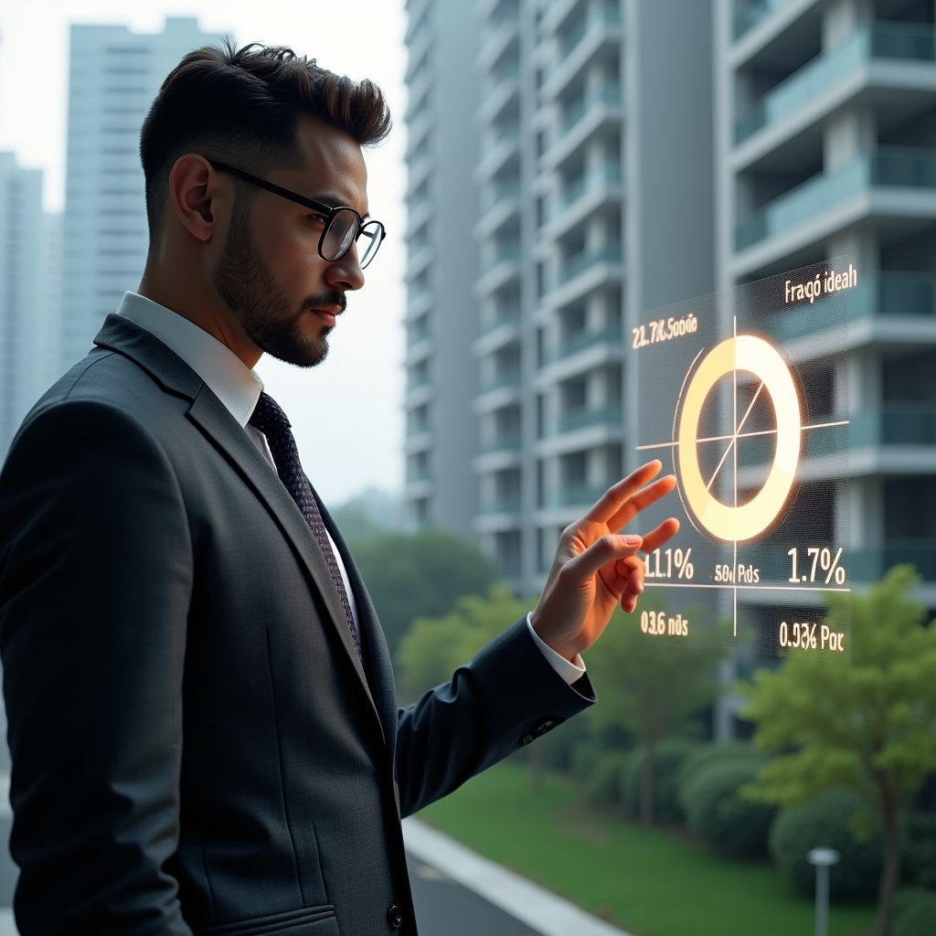 (Ultra-realistic condominium manager in a charcoal gray suit, set in a modern luxury condominium environment with high-rise buildings and manicured green landscaping, examining a glowing holographic pie chart representing fractional ownership percentages, thoughtful expression, futuristic data overlays of “fração ideal” calculations floating beside them, cinematic lighting, shallow depth of field, highly detailed textures, realistic skin, photographic realism, 8k resolution --ar 1:1 --v 6)