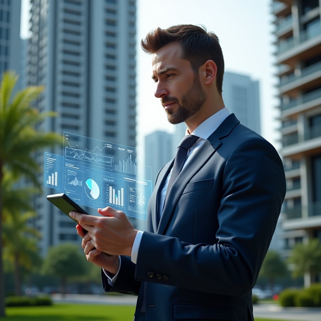 (Ultra-realistic condominium manager in a navy blue suit, set in a modern luxury condominium environment with high-rise buildings and manicured green landscaping, holding a tablet displaying holographic financial and management dashboards, confidently tapping the screen while reviewing data, floating icons representing graphs, transparency and communication, cinematic lighting, shallow depth of field, highly detailed textures, realistic skin, photographic realism, 8k resolution --ar 1:1 --v 6)