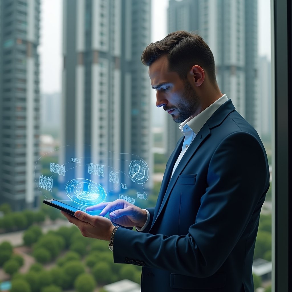 Ultra-realistic condominium manager in a navy blue suit, set in a modern luxury condominium environment with high-rise buildings and green landscaping, examining a holographic pie chart of ideal fractions projected from a tablet, thoughtful and confident expression, symbolic holographic icons of apartment units floating around, cinematic lighting, shallow depth of field, highly detailed textures, realistic skin, photographic realism, 8k resolution --ar 1:1 --v 6