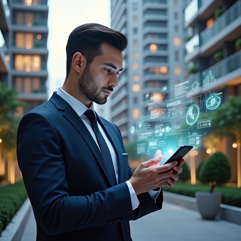 (Ultra-realistic condo property manager in a navy executive suit, set in a modern luxury condominium environment with high-rise buildings and meticulously manicured gardens, holding a smartphone displaying a floating holographic **condominium management app** interface, confidently tapping on interactive icons and charts that symbolize instant decision-making and optimized processes, surrounded by subtle holographic notifications and data graphs, cinematic lighting, shallow depth of field, highly detailed textures, realistic skin, photographic realism, 8k resolution --ar 1:1 --v 6)