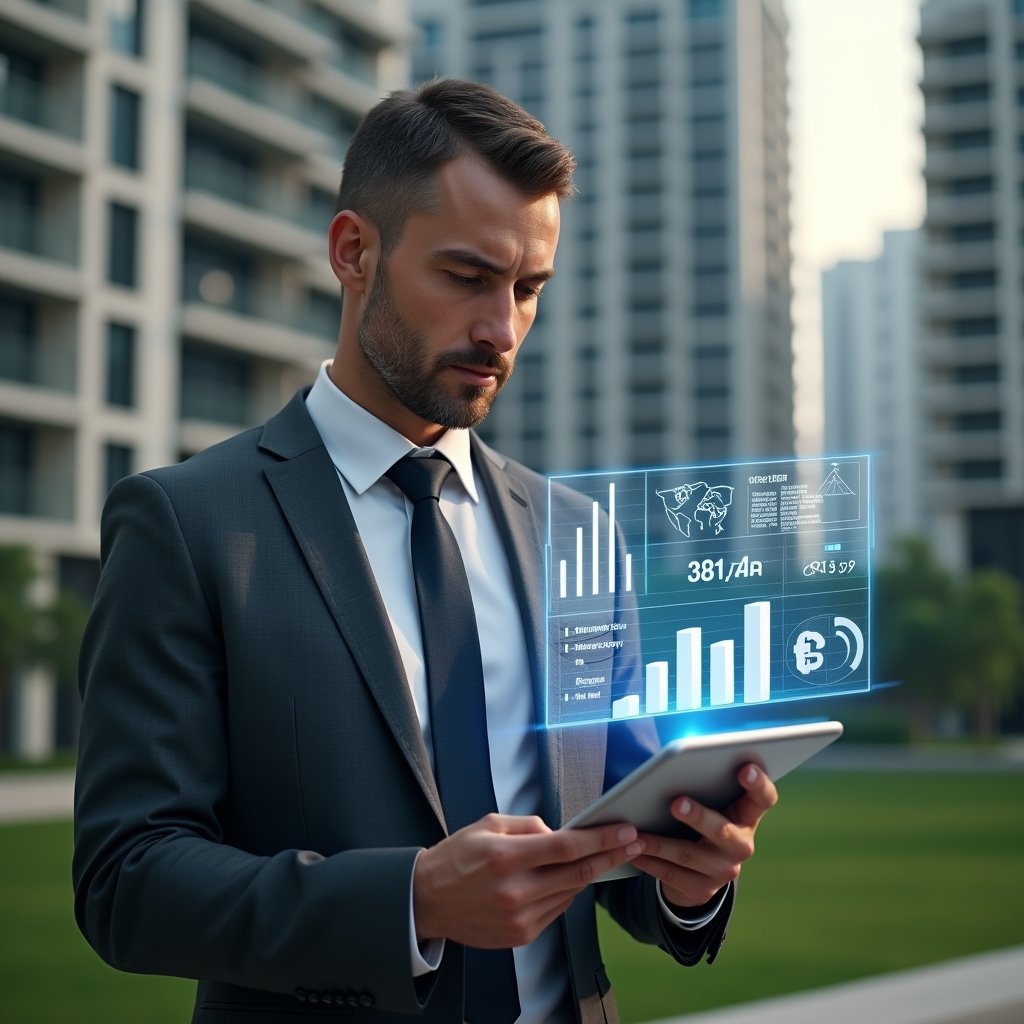 (Ultra-realistic condo manager in a charcoal gray suit, set in a modern luxury condominium environment with high-rise buildings and manicured green landscaping, reviewing a digital financial report on a tablet with floating holographic charts and graphs, confident and thoughtful expression, cinematic lighting, shallow depth of field, highly detailed textures, realistic skin, photographic realism, 8k resolution --ar 1:1 --v 6)