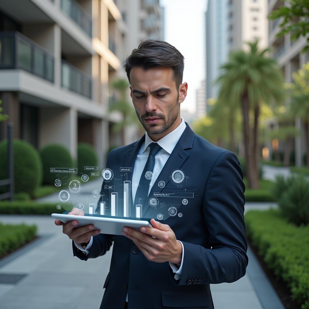 Ultra-realistic condominium manager in a tailored navy suit, set in a modern luxury condominium environment with high-rise buildings and manicured green landscaping, confidently analyzing floating holographic financial charts and coin icons, interacting with a transparent tablet displaying automated expense reports, cinematic lighting, shallow depth of field, highly detailed textures, realistic skin, photographic realism, 8k resolution --ar 1:1 --v 6