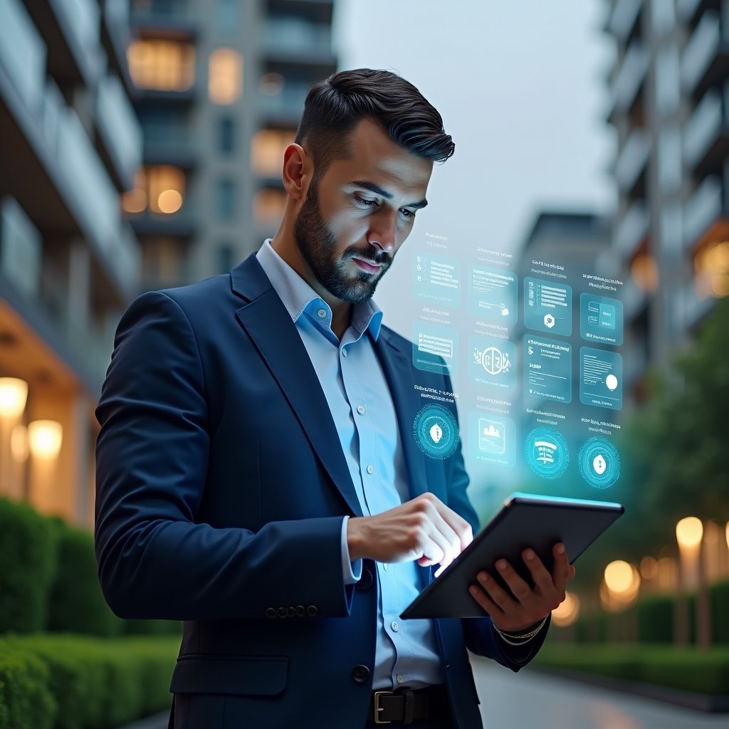 ultra-realistic condominium manager in a navy blue suit, set in a modern luxury condominium environment with high-rise buildings and manicured green landscaping, reviewing a holographic financial checklist projected from a sleek tablet, confident and focused expression, digital icons of reports and assembly documents floating around, cinematic lighting, shallow depth of field, highly detailed textures, realistic skin, photographic realism, 8k resolution --ar 1:1 --v 6