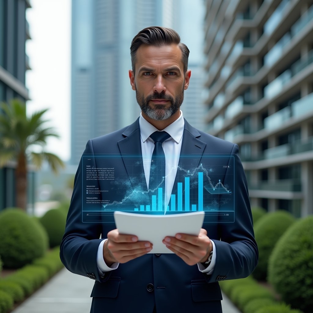 (Ultra-realistic condominium manager in a navy blue executive suit, set in a modern luxury condominium environment with high-rise buildings and lush green landscaping, holding and analyzing a transparent holographic financial report with floating charts and graphs, confident and focused expression, cinematic lighting, shallow depth of field, highly detailed textures, realistic skin, photographic realism, 8k resolution --ar 1:1 --v 6)