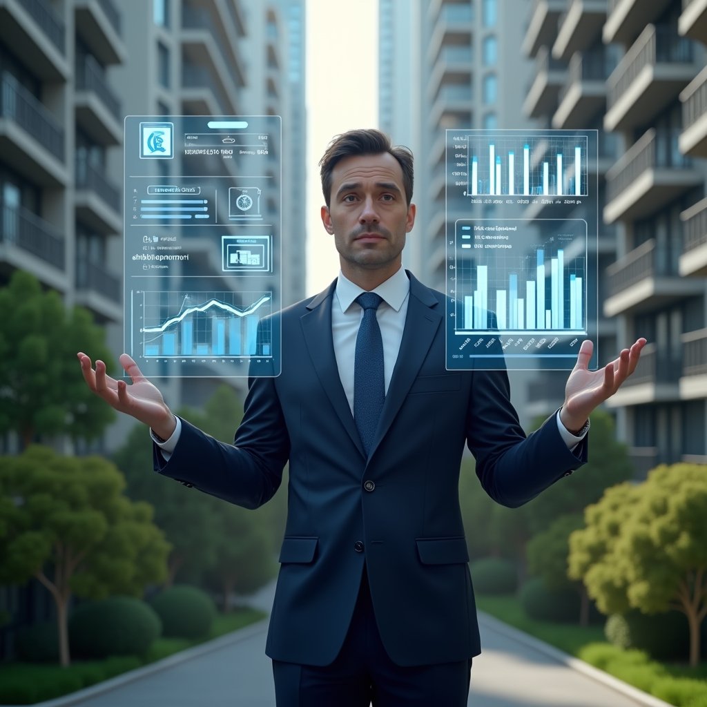 (Ultra-realistic condominium manager in a tailored navy suit, set in a modern luxury condominium environment with high-rise buildings and manicured greenery, medium shot of the manager confidently analyzing floating holographic financial charts showing revenue, expenses, delinquency and liquidity indicators, glowing data graphs and icons, cinematic lighting, shallow depth of field, highly detailed textures, realistic skin, photographic realism, 8k resolution --ar 1:1 --v 6)