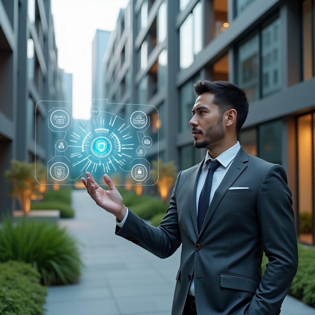 Ultra-realistic condominium manager in a charcoal gray executive suit, set in a modern luxury condominium environment with high-rise buildings and manicured green landscaping, confidently interacting with a floating holographic interface displaying automation icons, security shields, and analytics graphs, cinematic lighting, shallow depth of field, highly detailed textures, realistic skin, photographic realism, 8k resolution --ar 1:1 --v 6