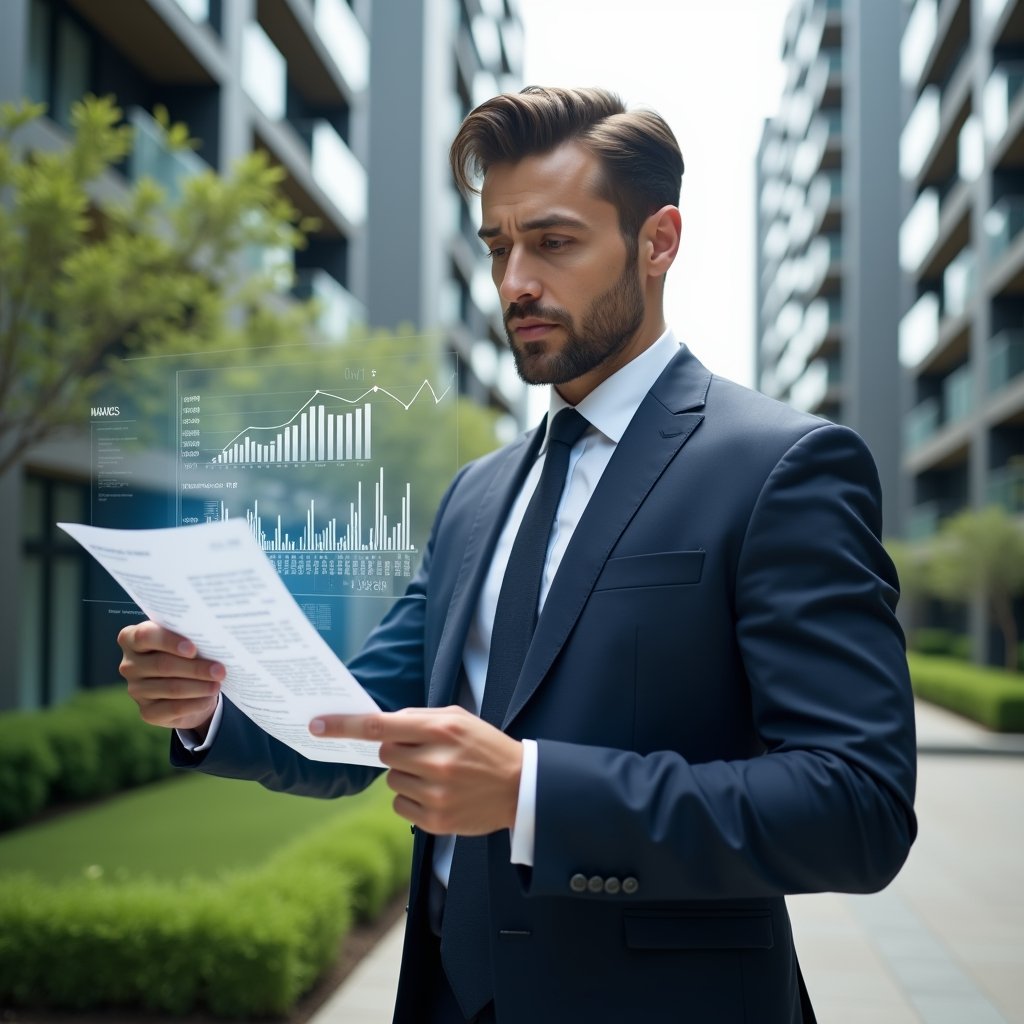 (Ultra-realistic property manager in a tailored navy suit, set in a modern luxury condominium environment with high-rise buildings and manicured gardens, examining a transparent holographic balance sheet and pointing at floating financial charts and document icons, confident and focused expression, cinematic lighting, shallow depth of field, highly detailed textures, realistic skin, photographic realism, 8k resolution --ar 1:1 --v 6)