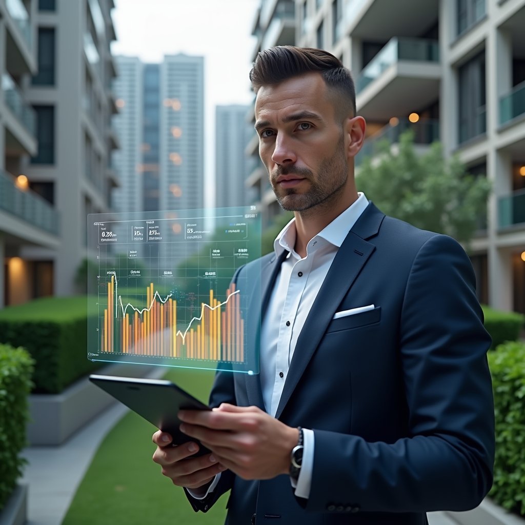 (Ultra-realistic condominium manager in a navy suit, set in a modern luxury condominium environment with high-rise buildings and manicured green landscaping, holding a tablet displaying colorful financial graphs hologram while analyzing real-time expense data, holographic expense charts floating beside, confident and focused expression, cinematic lighting, shallow depth of field, highly detailed textures, realistic skin, photographic realism, 8k resolution --ar 1:1 --v 6)