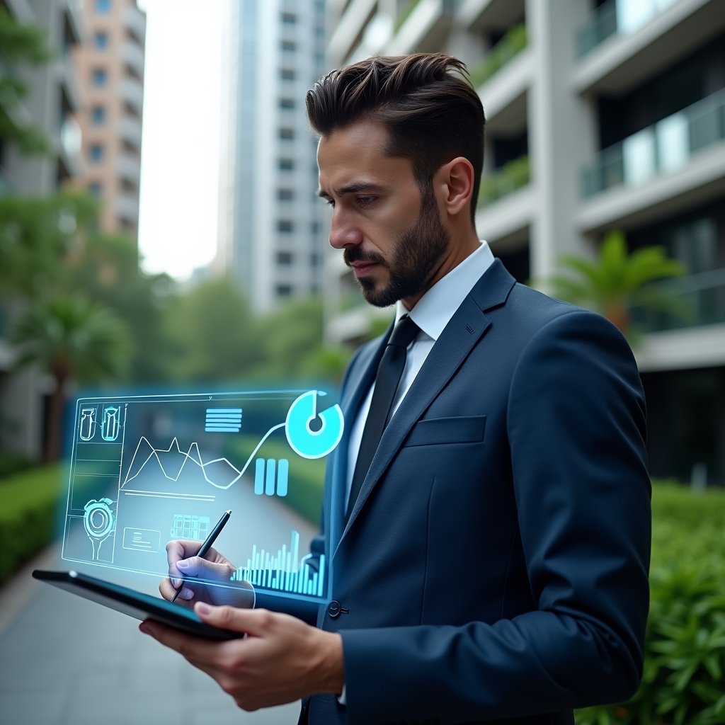 (Ultra-realistic condominium manager in a tailored dark blue suit, set in a modern luxury condominium environment with high-rise buildings and lush green landscaping, analyzing translucent holographic financial charts projected above a tablet with a stylus in hand, holographic icons of pie charts and bar graphs floating around, confident and focused expression, cinematic lighting, shallow depth of field, highly detailed textures, realistic skin, photographic realism, 8k resolution --ar 1:1 --v 6)