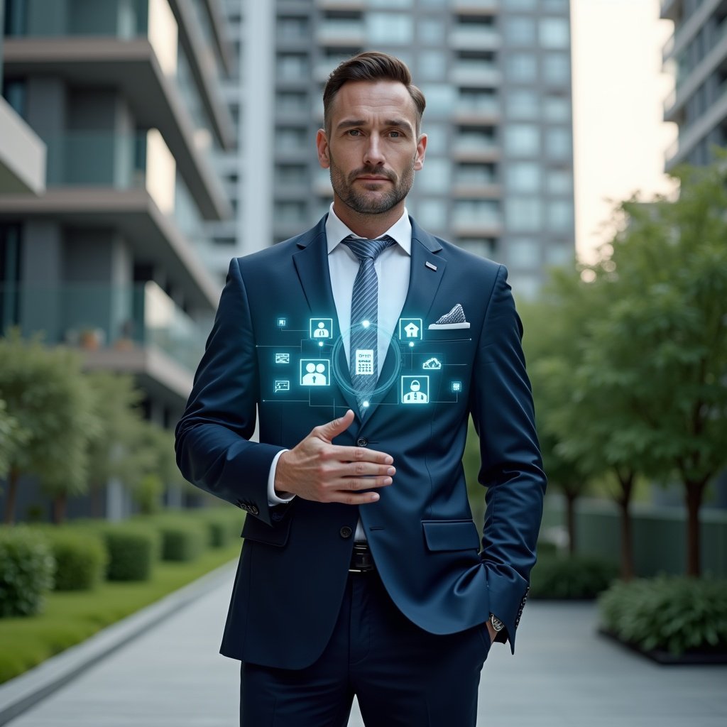 Ultra-realistic condominium manager in a navy tailored suit, set in a modern luxury condominium environment with high-rise buildings and lush green landscaping, holding and interacting with a floating holographic interface displaying icons of building automation, cloud management, and security, confident and focused expression, cinematic lighting, shallow depth of field, highly detailed textures, realistic skin, photographic realism, 8k resolution --ar 1:1 --v 6