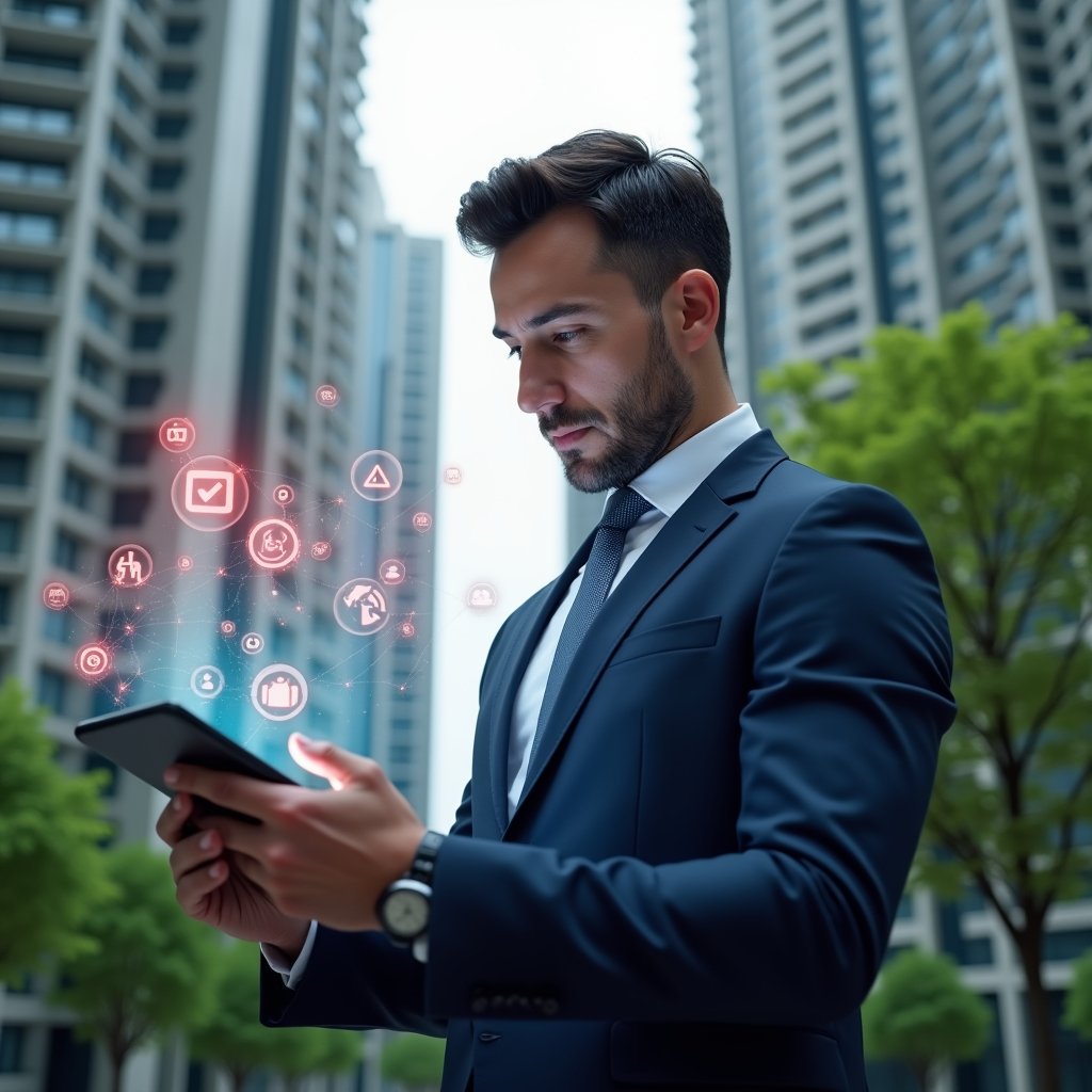 Ultra-realistic condominium manager in a navy blue suit, set in a modern luxury condominium environment with high-rise buildings and lush green landscaping, analyzing a tablet screen with holographic app icons and red warning symbols hovering above it, focused and confident expression, cinematic lighting, shallow depth of field, highly detailed textures, realistic skin, photographic realism, 8k resolution --ar 1:1 --v 6