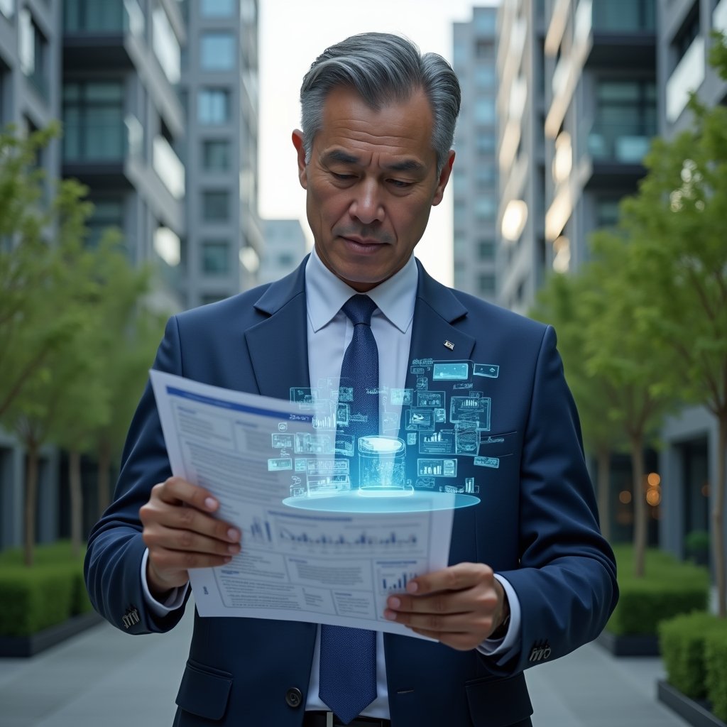 Ultra-realistic professional condominium manager in a navy blue suit, set in a modern luxury condominium environment with high-rise buildings and lush green landscaping, reviewing a holographic financial report while holding printed accounting documents, surrounded by floating icons of charts, receipts and balance sheets, confident and focused expression, cinematic lighting, shallow depth of field, highly detailed textures, realistic skin, photographic realism, 8k resolution --ar 1:1 --v 6