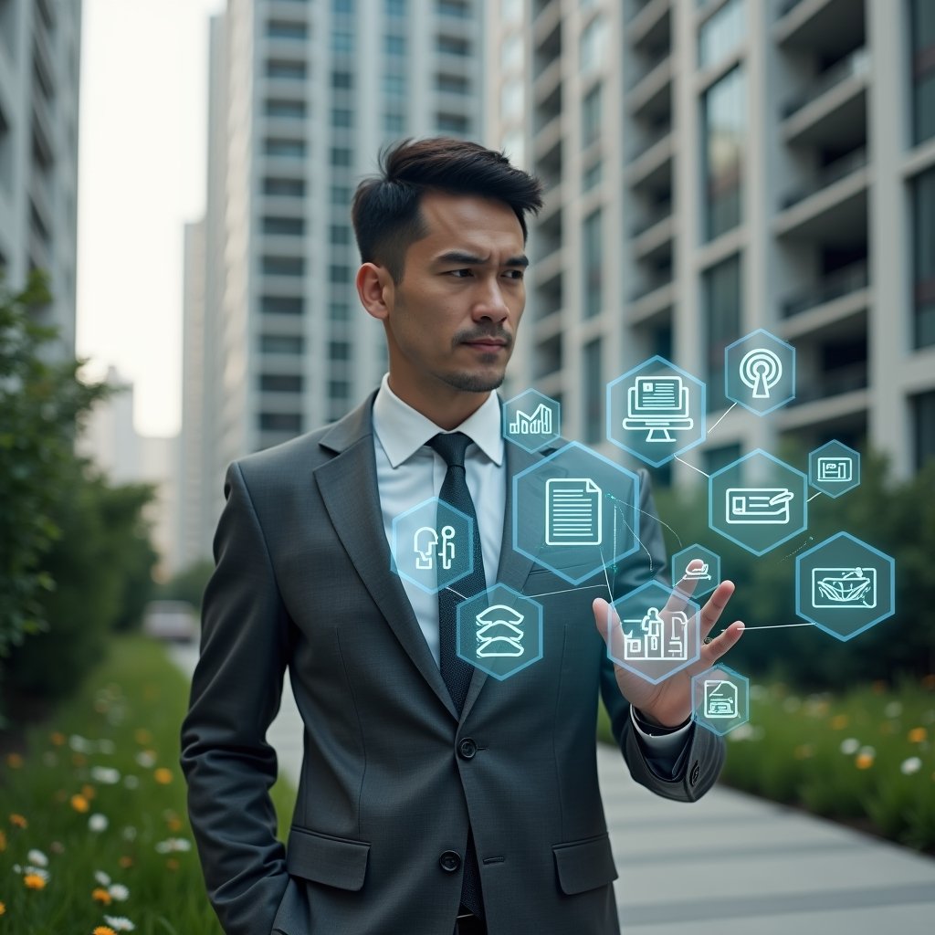 Ultra-realistic condominium manager in a charcoal gray suit, set in a modern luxury condominium environment with high-rise buildings and manicured green landscaping, mid-shot interacting with floating holographic icons representing messaging, financial charts, space reservations, incident reports, document folders, smart reports and access control symbols, confident expression, cinematic lighting, shallow depth of field, highly detailed textures, realistic skin, photographic realism, 8k resolution --ar 1:1 --v 6