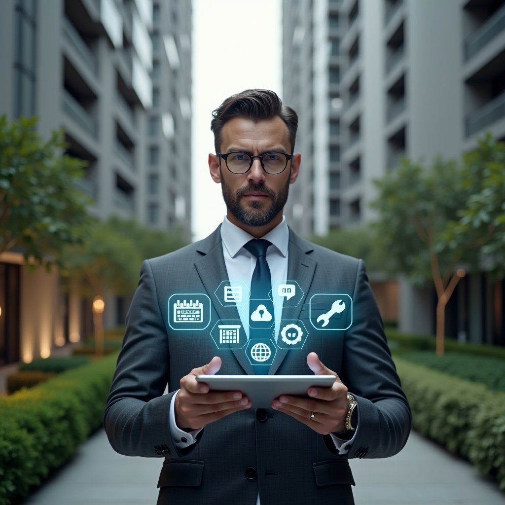 Ultra-realistic condominium manager in a charcoal gray executive suit, set in a modern luxury condominium environment with high-rise buildings and meticulously landscaped gardens, holding a holographic tablet displaying seven floating icons (financial chart, calendar, chat bubble, security camera, wrench, dashboard graph, integration puzzle piece), confidently presenting the features, cinematic lighting, shallow depth of field, highly detailed textures, realistic skin, photographic realism, 8k resolution --ar 1:1 --v 6