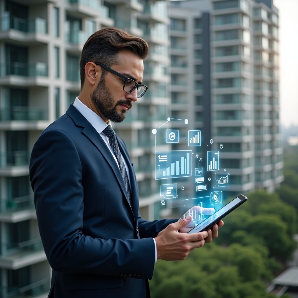 Ultra-realistic condominium manager in a tailored navy suit, set in a modern luxury condominium environment with high-rise buildings and meticulously landscaped green areas, holding a tablet displaying holographic financial charts, analyzing data with a confident expression, surrounded by floating translucent icons of coins, graphs, and digital reports, cinematic lighting, shallow depth of field, highly detailed textures, realistic skin, photographic realism, 8k resolution --ar 1:1 --v 6