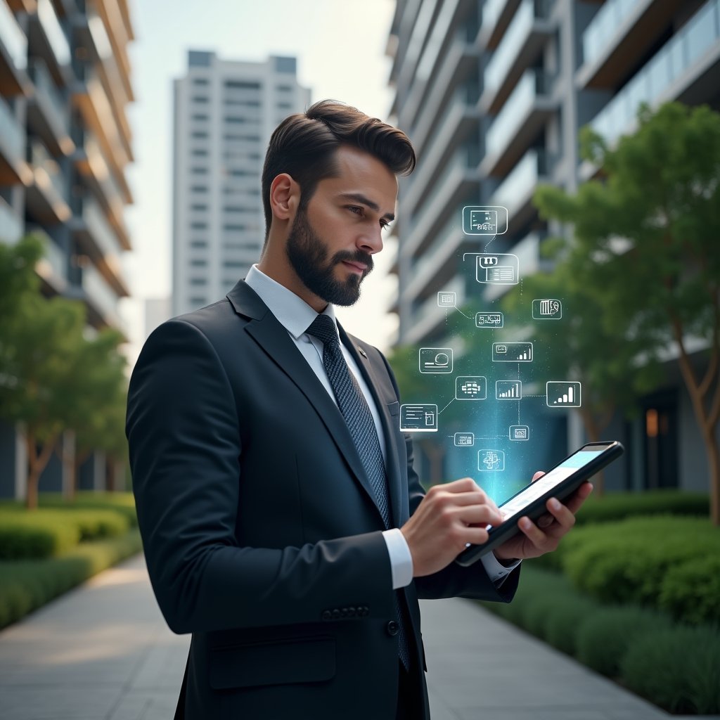 (Ultra-realistic condominium manager in a dark tailored suit, set in a modern luxury condominium environment with high-rise buildings and lush green landscaping, holding a holographic tablet displaying an aplicativo para condomínio interface with floating icons of charts, messages and reservation symbols, confident expression as they interact with a digital dashboard, cinematic lighting, shallow depth of field, highly detailed textures, realistic skin, photographic realism, 8k resolution --ar 1:1 --v 6)