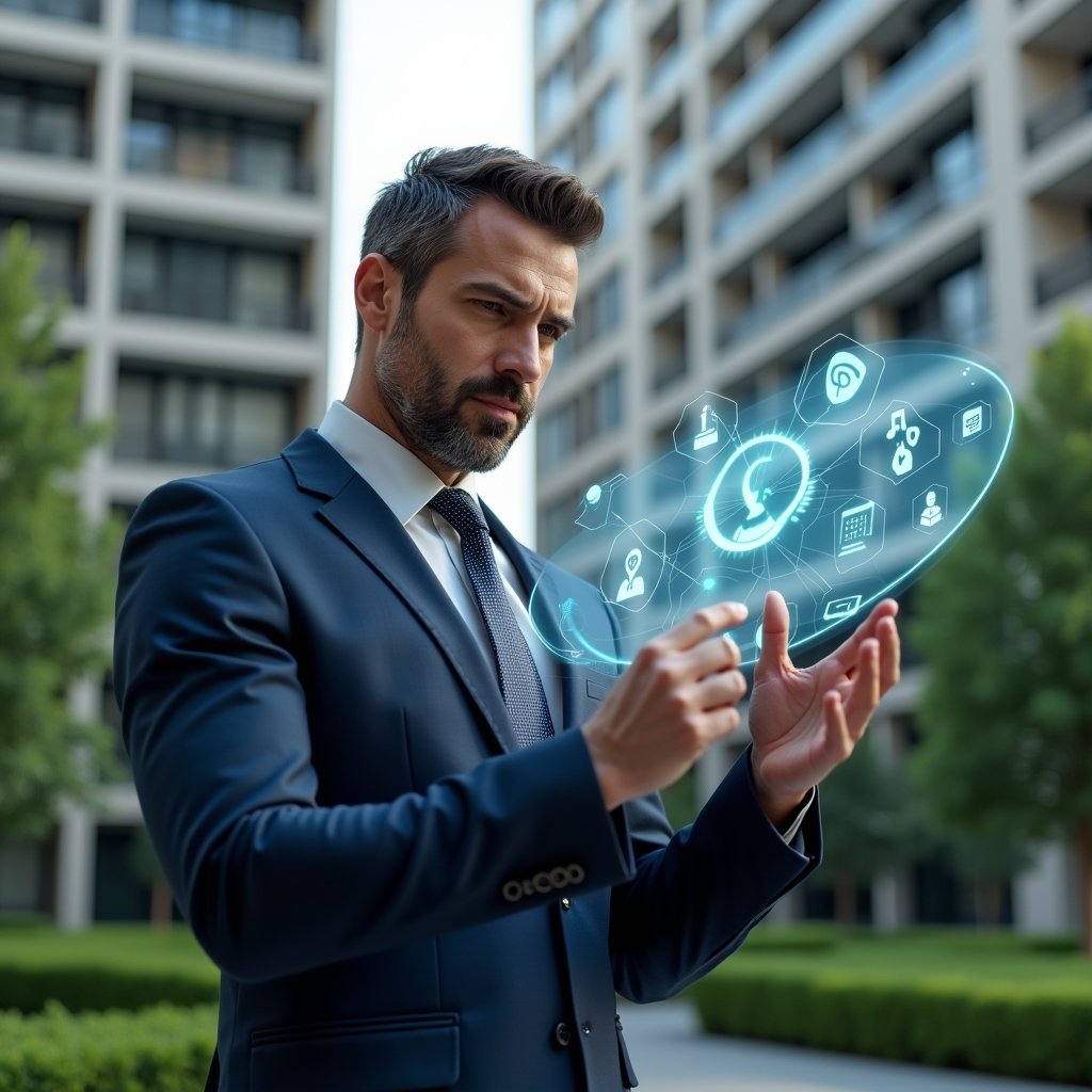 (Ultra-realistic condo manager in a navy executive suit, set in a modern luxury condominium environment with high-rise buildings and meticulously manicured green landscaping, interacting with a holographic interface displaying billing, reservation, and communication icons, confident and focused expression, cinematic lighting, shallow depth of field, highly detailed textures, realistic skin, photographic realism, 8k resolution --ar 1:1 --v 6)