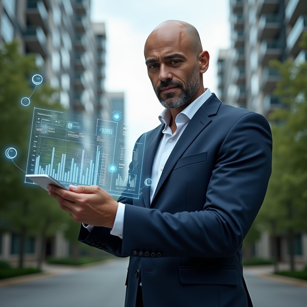Ultra-realistic condominium manager in a tailored navy suit, set in a modern luxury condominium environment with high-rise buildings and manicured green landscaping, holding and analyzing a transparent holographic financial report with floating charts and icons, confident expression, cinematic lighting, shallow depth of field, highly detailed textures, realistic skin, photographic realism, 8k resolution --ar 1:1 --v 6