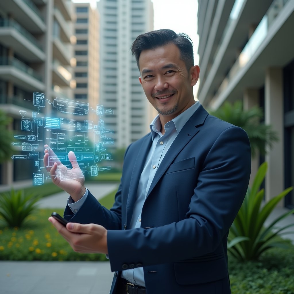 Ultra-realistic condominium manager in a navy blue business suit, medium shot, set in a modern luxury condominium environment with high-rise buildings and lush green landscaping, holding a holographic schedule interface displaying automated tasks and digital calendar icons floating around, confident expression, cinematic lighting, shallow depth of field, highly detailed textures, realistic skin, photographic realism, 8k resolution --ar 1:1 --v 6