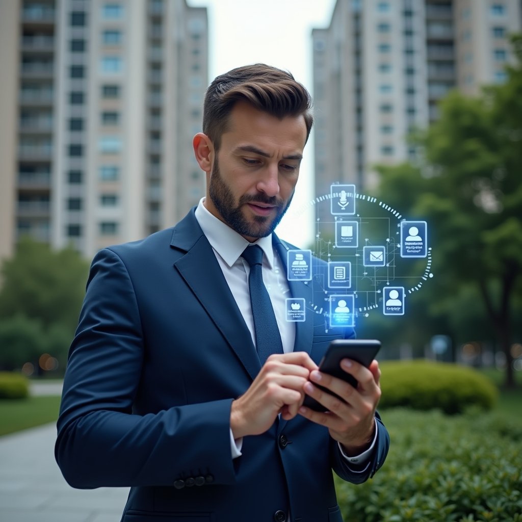 Ultra-realistic condominium manager in a navy blue executive suit, set in a modern luxury condominium environment with high-rise buildings and manicured greenery, holding a smartphone and interacting with a holographic condominium management app interface floating above the screen, confident and focused expression, digital icons for tasks, finances and notifications orbiting around, cinematic lighting, shallow depth of field, highly detailed textures, realistic skin, photographic realism, 8k resolution --ar 1:1 --v 6