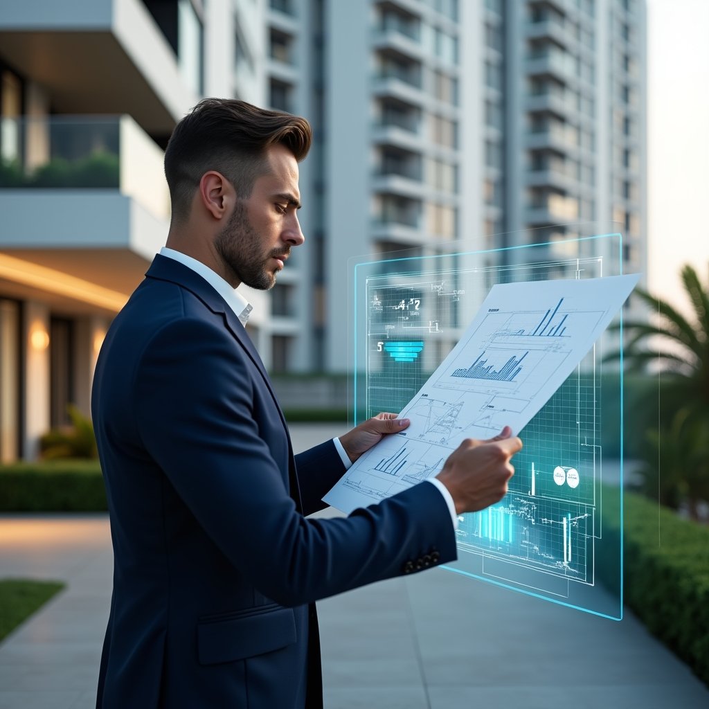 Ultra-realistic condominium manager in a navy suit, set in a modern luxury condominium environment with high-rise buildings and manicured green landscaping, reviewing a holographic blueprint display with cost-saving graphs and construction icons, thoughtful and confident expression, cinematic lighting, shallow depth of field, highly detailed textures, realistic skin, photographic realism, 8k resolution --ar 1:1 --v 6