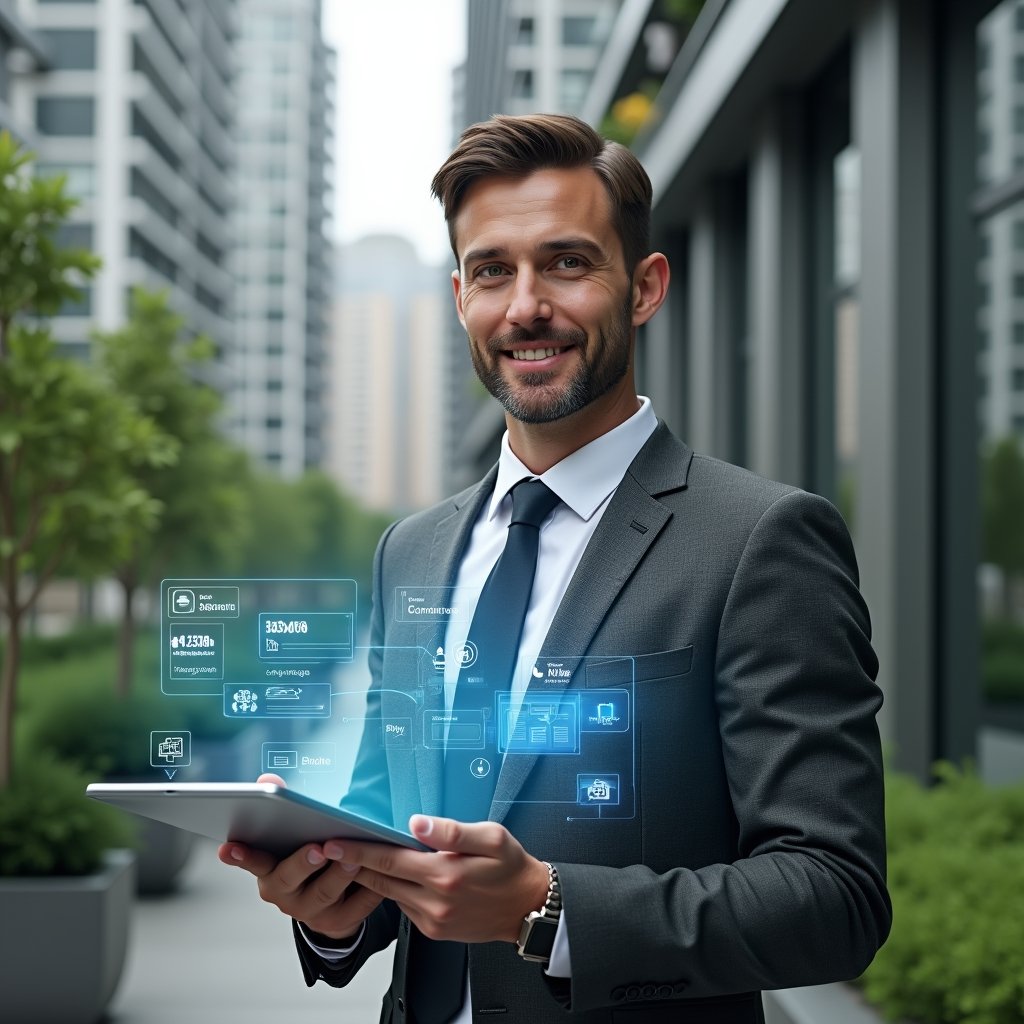 (Ultra-realistic condominium manager in a charcoal gray suit, set in a modern luxury condominium environment with high-rise buildings and lush green landscaping, holding a digital tablet displaying a holographic dashboard of condo management tasks, surrounded by floating icons representing finances and communication, confident expression, cinematic lighting, shallow depth of field, highly detailed textures, realistic skin, photographic realism, 8k resolution --ar 1:1 --v 6)