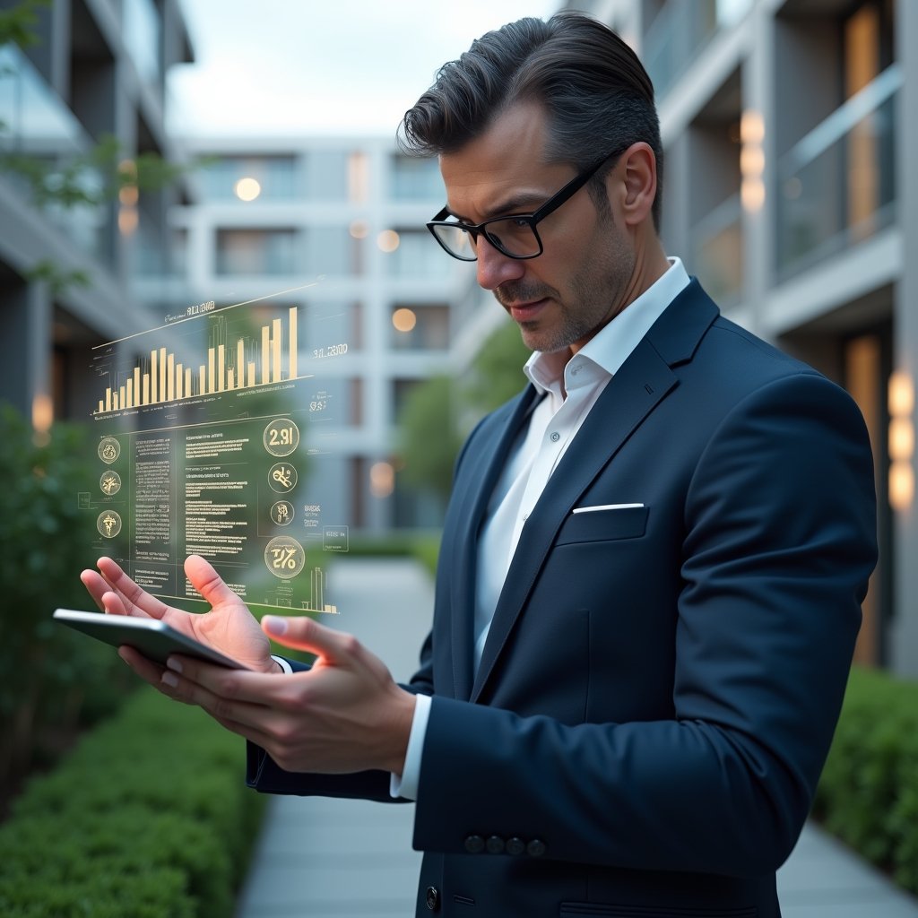 Ultra-realistic property manager in a tailored navy suit, set in a modern luxury condominium environment with high-rise buildings and lush green landscaping, examining a floating holographic financial report with glowing charts and icons, confident and focused expression, cinematic lighting, shallow depth of field, highly detailed textures, realistic skin, photographic realism, 8k resolution --ar 1:1 --v 6