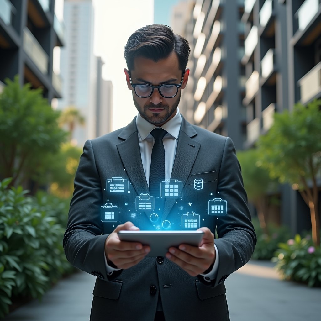 (Ultra-realistic condominium manager in a dark gray suit, set in a modern luxury condominium environment with high-rise buildings and lush green landscaping, holding a tablet displaying a holographic digital schedule, analyzing with a confident expression, holographic calendar and task icons floating around, cinematic lighting, shallow depth of field, highly detailed textures, realistic skin, photographic realism, 8k resolution --ar 1:1 --v 6)