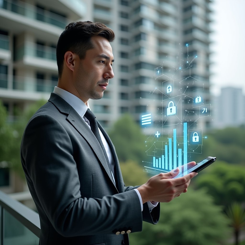 (Ultra-realistic condominium manager in a tailored charcoal-gray suit, set in a modern luxury condominium environment with high-rise buildings and lush green landscaping, close-up of a confident professional analyzing a holographic financial dashboard with floating icons of invoices, charts and padlock symbols representing cost reduction and transparency, cinematic lighting, shallow depth of field, highly detailed textures, realistic skin, photographic realism, 8k resolution --ar 1:1 --v 6)